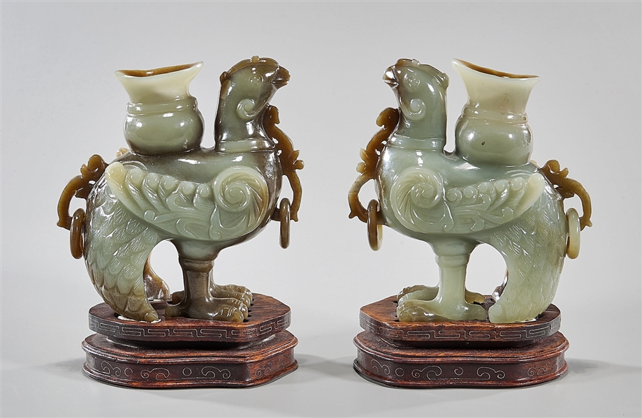 Pair of Chinese carved jade bird