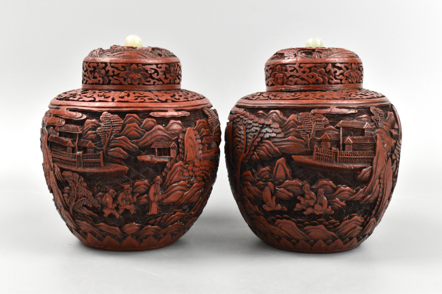 PAIR OF CHINESE CINNABAR COVERED