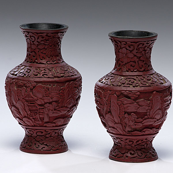 Pair of Chinese Cinnabar Vases