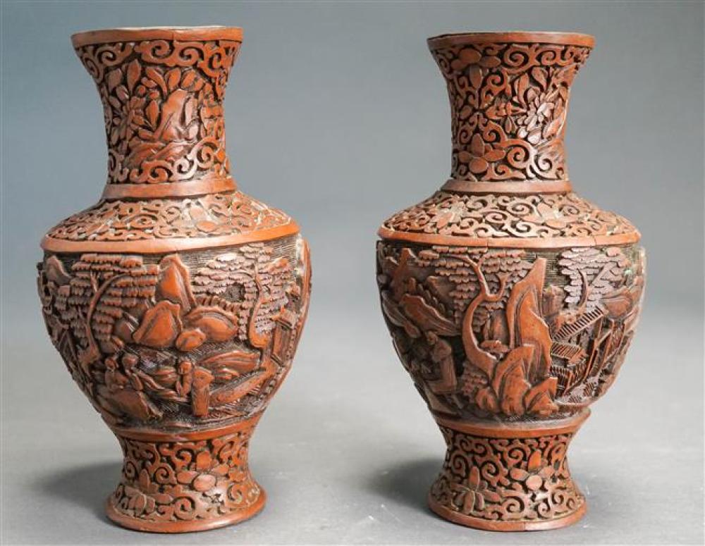 PAIR OF CHINESE CINNABAR VASES,