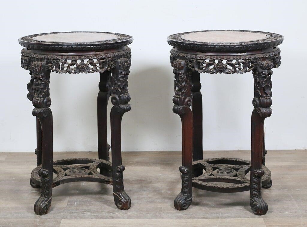PAIR OF CHINESE HARDWOOD MARBLE TOP