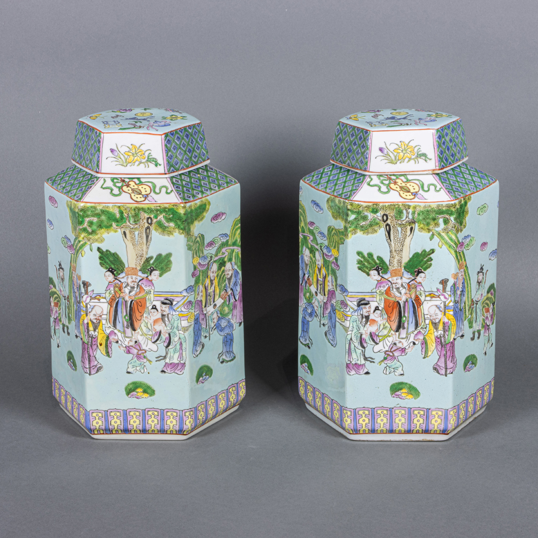 PAIR OF CHINESE HEXAGONAL FAMILLE