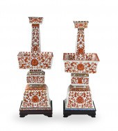 PAIR OF CHINESE IRON RED CANDL