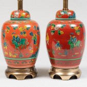 PAIR OF CHINESE IRON RED GROUN