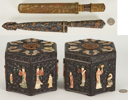 PAIR OF CHINESE LACQUER BOXES & 2