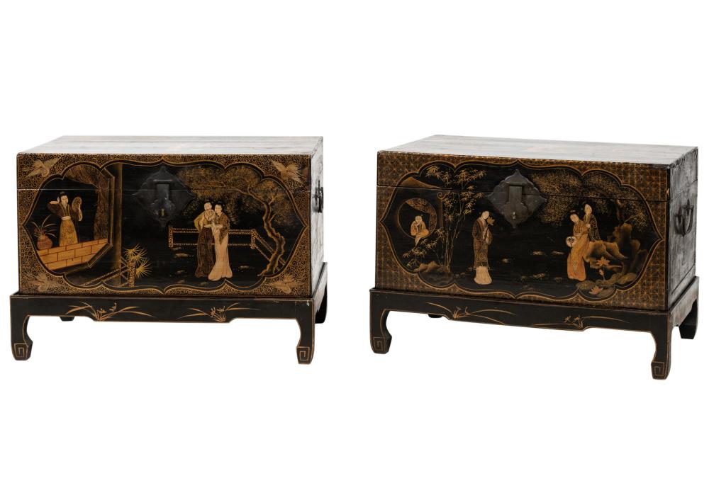 PAIR OF CHINESE LACQUERED TRUNKS ON