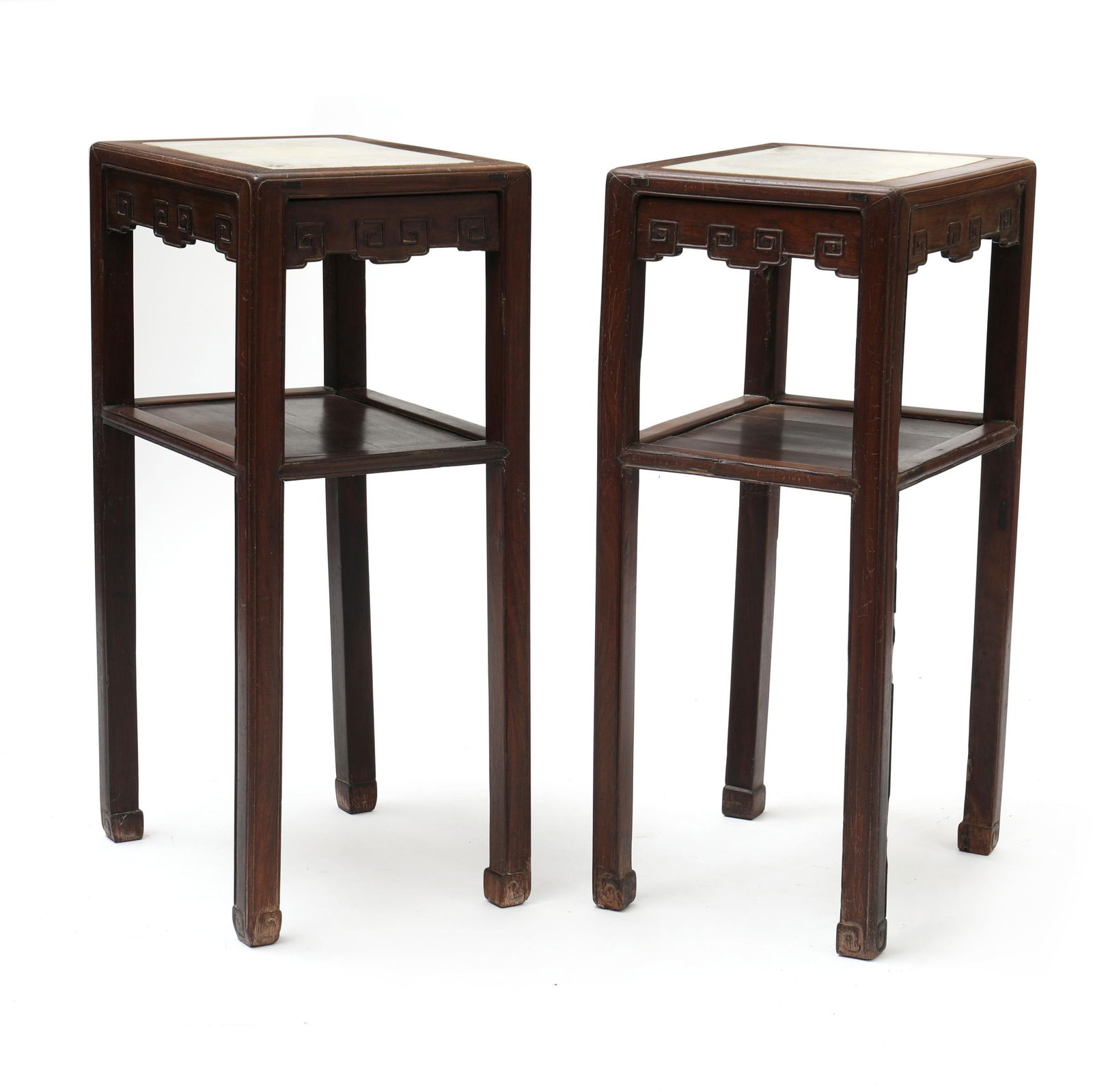 PAIR OF CHINESE MARBLE TOP HARDWOOD