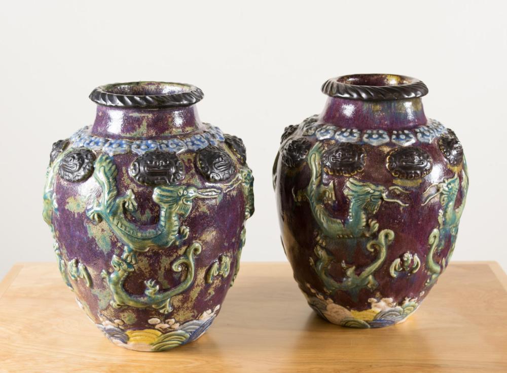 PAIR OF CHINESE POTTERY VASES, WITH