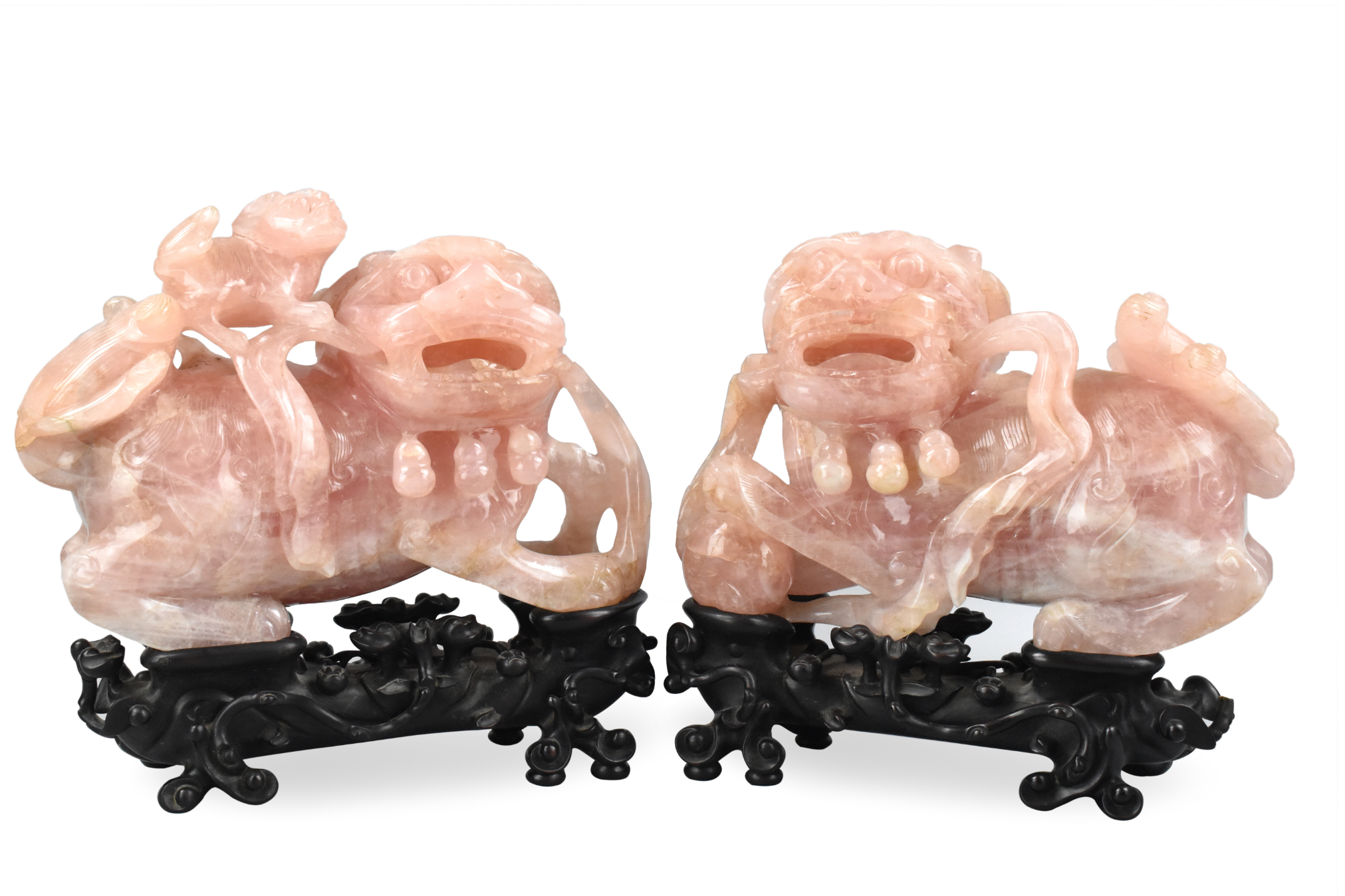 PAIR OF CHINESE ROSE QUARTZ FOO