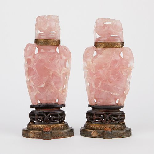 PAIR OF CHINESE ROSE QUARTZ
