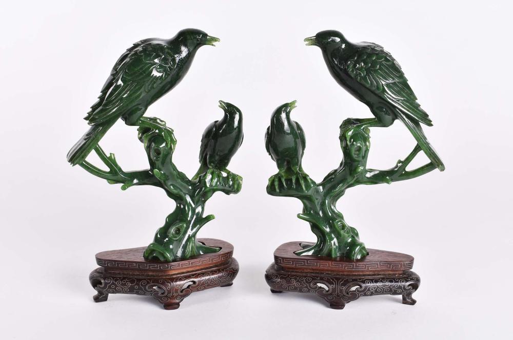 PAIR OF CHINESE SPINACH JADE BIRD