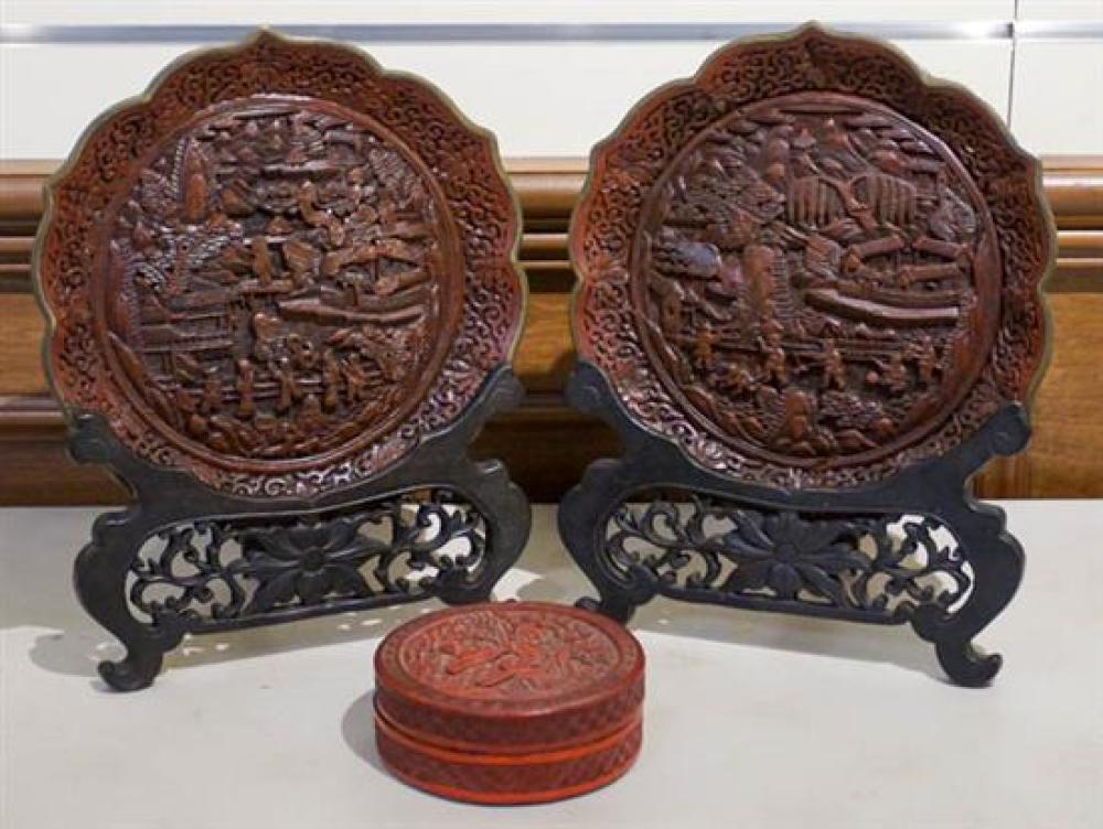 PAIR OF CINNABAR PLATES AND A