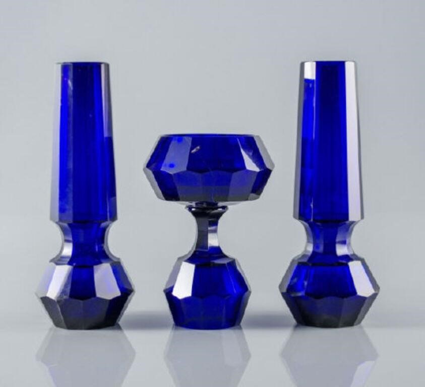 PAIR OF COBALT BLUE GLASS VASES &