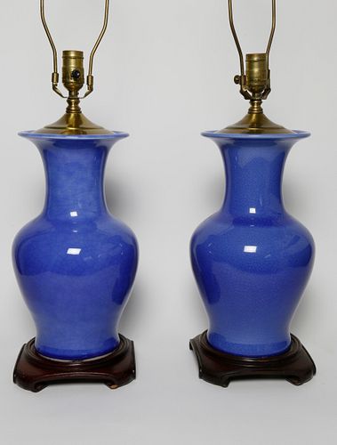 PAIR OF COBALT CRACKLE GLAZE