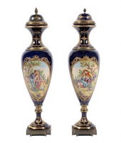 PAIR OF COBALT PORCELAIN URNSP