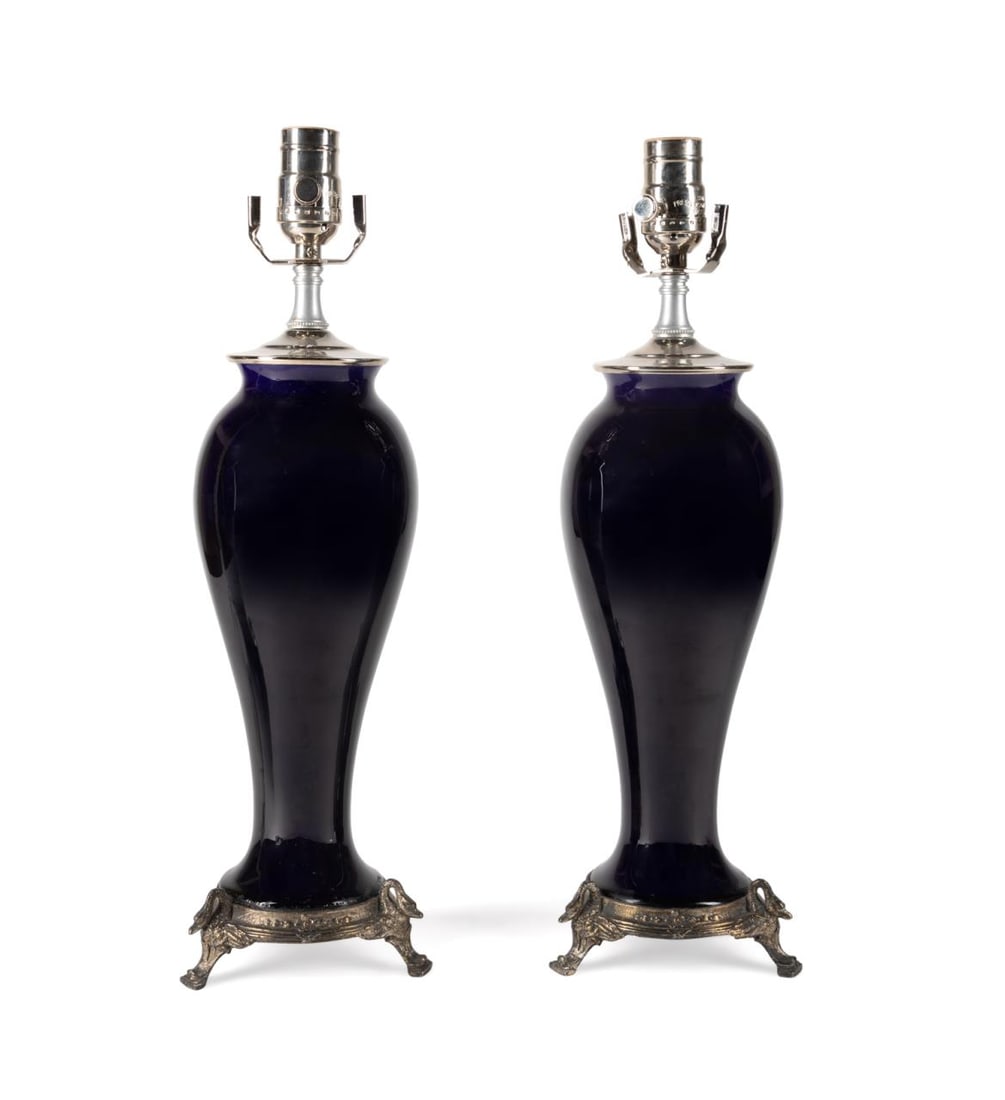 PAIR OF COBALT PORCELAIN VASIFORM