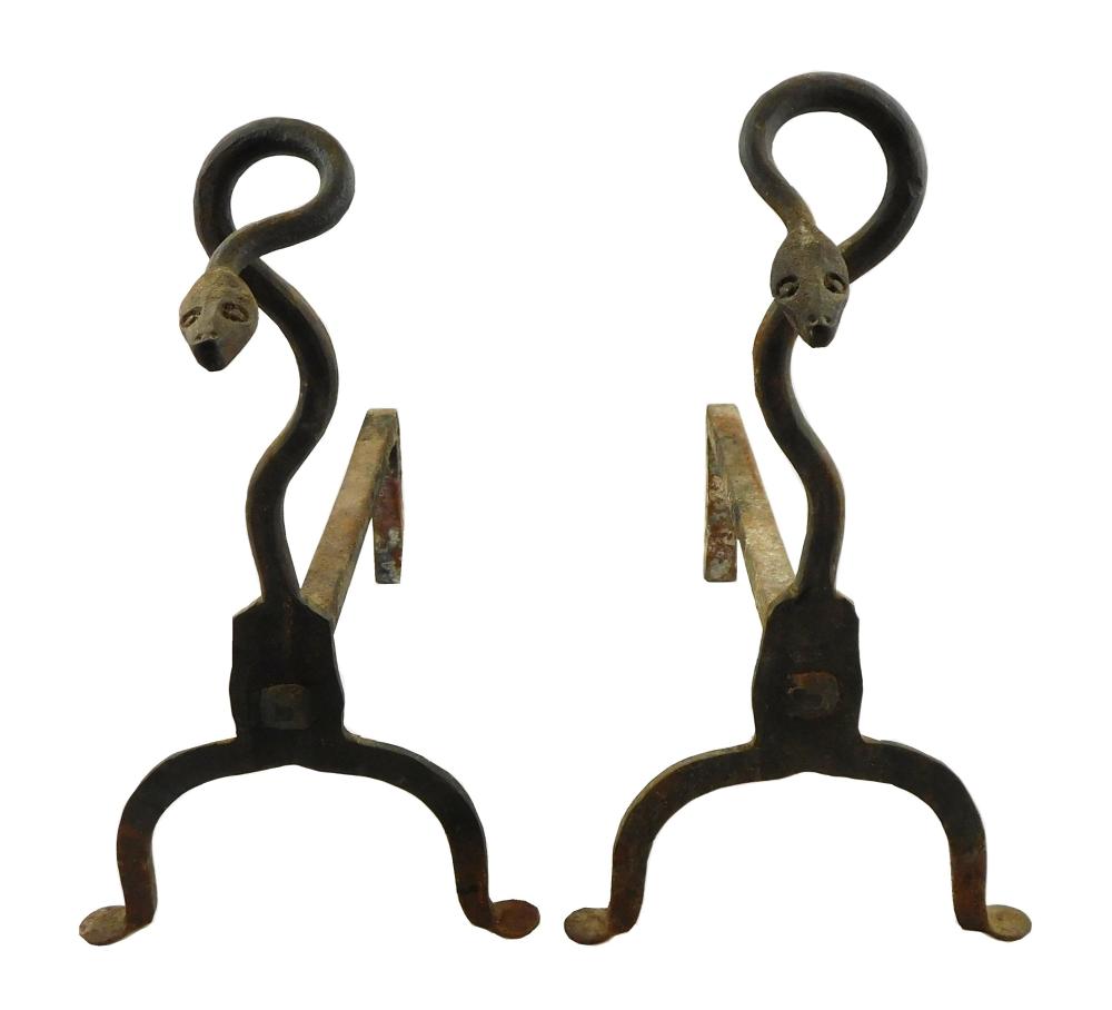 PAIR OF COILED SNAKE ANDIRONS, C.