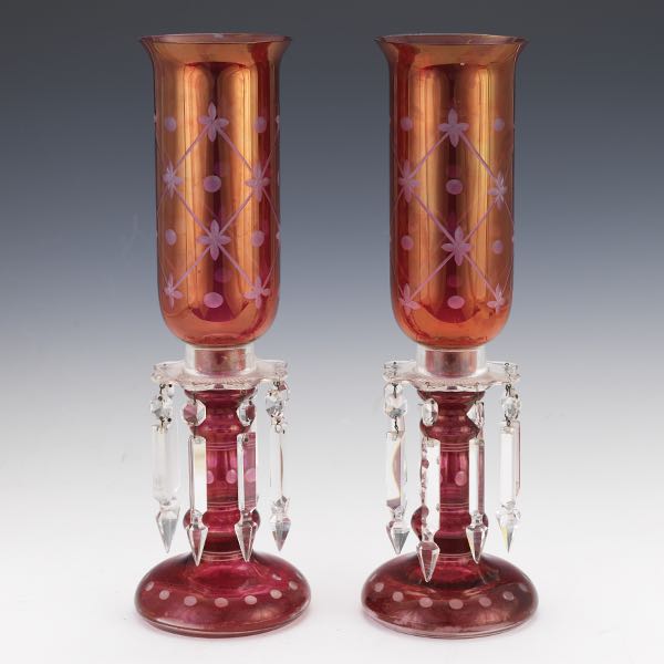 PAIR OF CRANBERRY GLASS HURRICANE