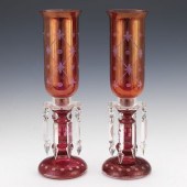 PAIR OF CRANBERRY GLASS HURRIC