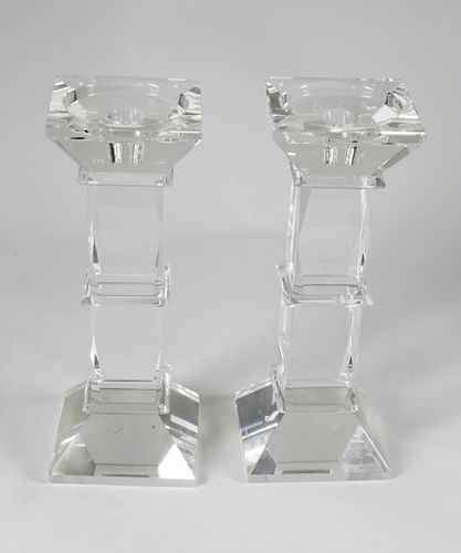 PAIR OF CRYSTAL COLUMN CANDLESTICKS