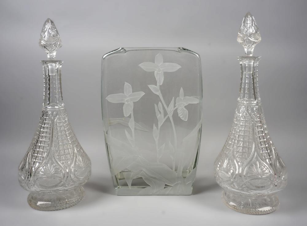 PAIR OF CUT-GLASS DECANTERS WITH