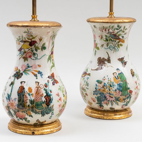 PAIR OF DECALCOMANIA LAMPS22 x 7
