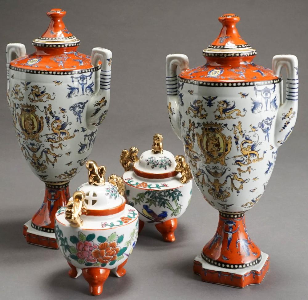 PAIR OF DECORATED PORCELAIN COVERED