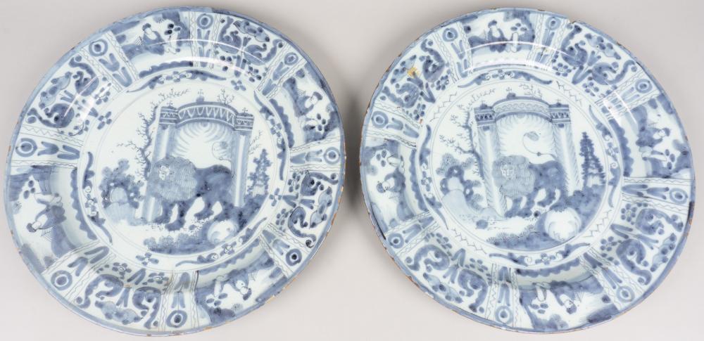 PAIR OF DELFT 'LION OF JUDAH'