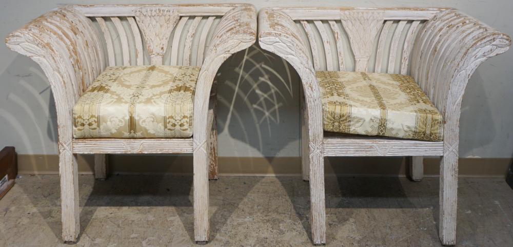 PAIR OF DISTRESSED PAINTED WOOD ARM