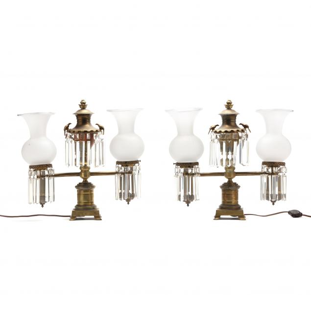 PAIR OF DOUBLE ARM BRASS AND DROP