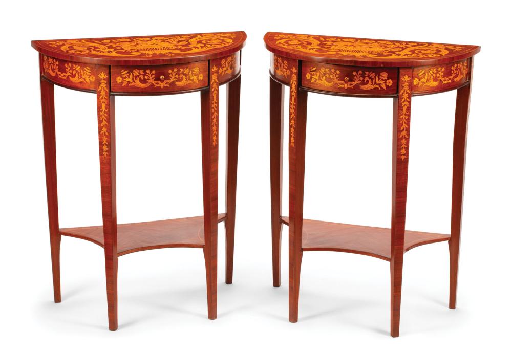 PAIR OF DUTCH MARQUETRY DEMILUNE
