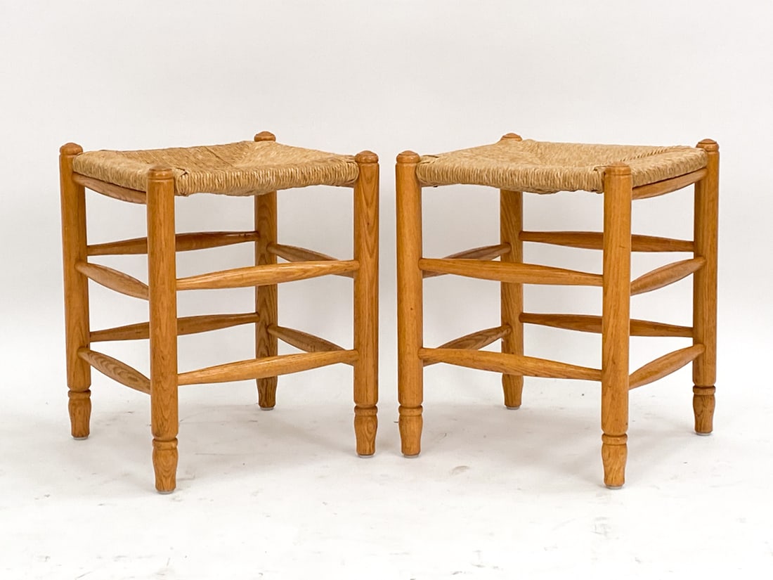 PAIR OF DUTCH OAK & RUSH STOOLS