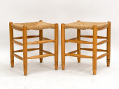 PAIR OF DUTCH OAK & RUSH STOOL
