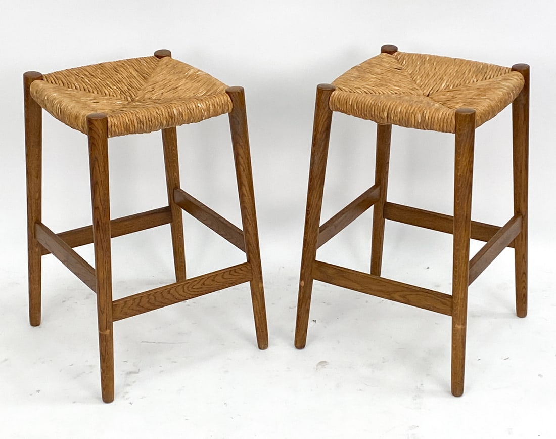 PAIR OF DUTCH OAK & RUSH STOOLS