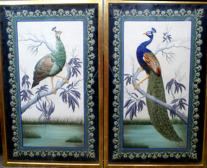 Pair of embroidered peacocks with