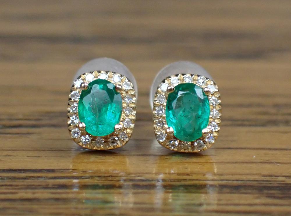 PAIR OF EMERALD AND DIAMOND STUD