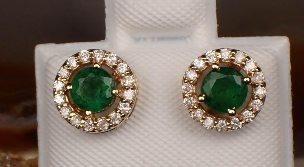 PAIR OF EMERALD AND DIAMOND HALO