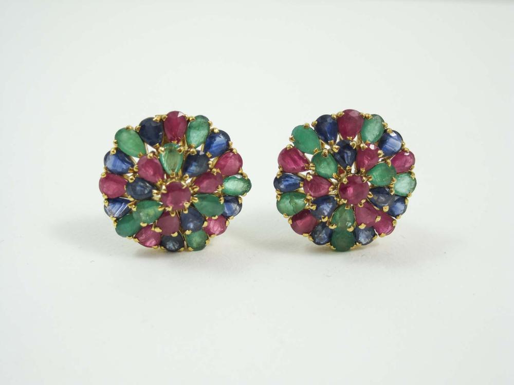 PAIR OF EMERALD, RUBY AND