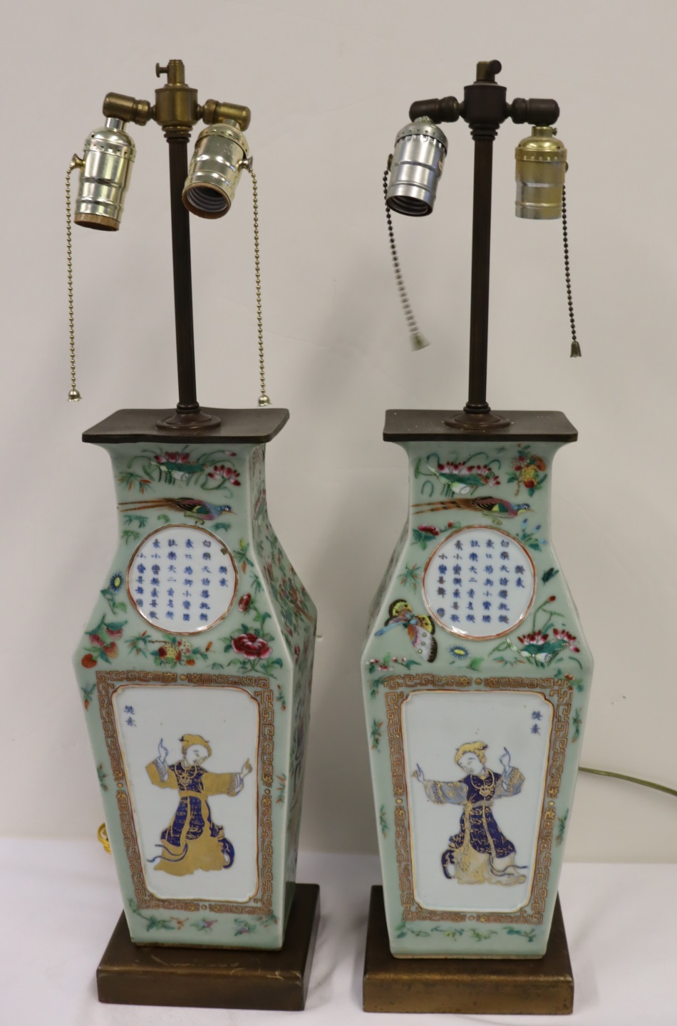 PAIR OF ENAMEL DECORATED CELADON