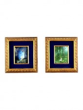 PAIR OF ENAMELED GOLD FRAMED P