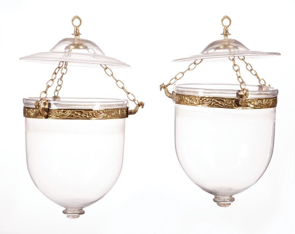 PAIR OF ENGLISH BRASS AND GLASS