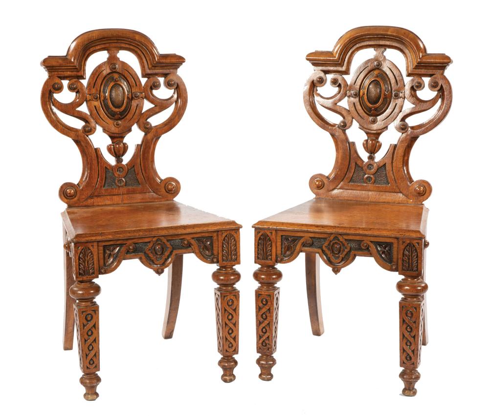 PAIR OF ENGLISH CARVED OAK HALL