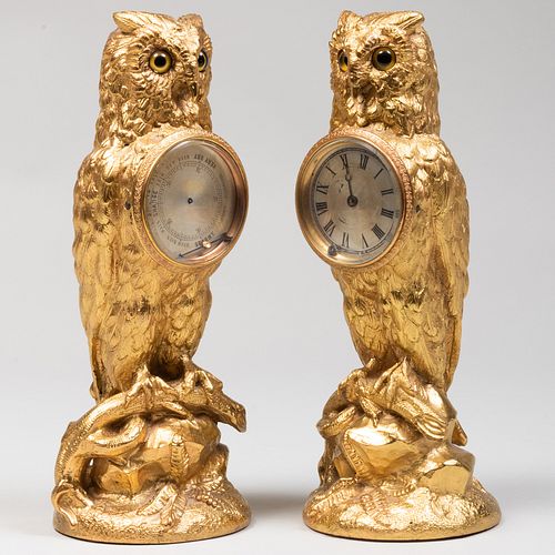 PAIR OF ENGLISH GILT-BRONZE OWL