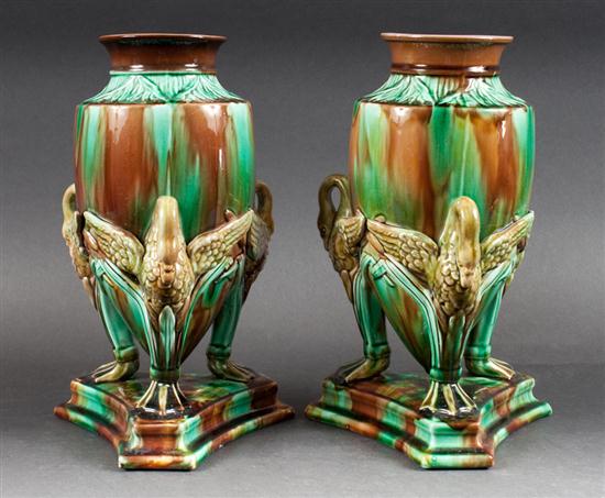 Pair of English majolica trifid