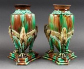 Pair of English majolica trifi