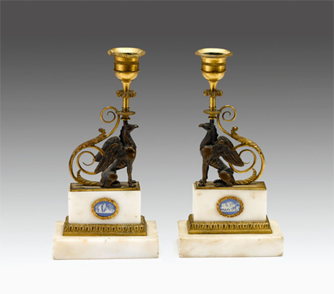 Pair of English ormolu, patinated