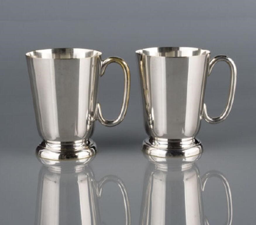 PAIR OF ENGLISH SILVER PLATED MUGS,