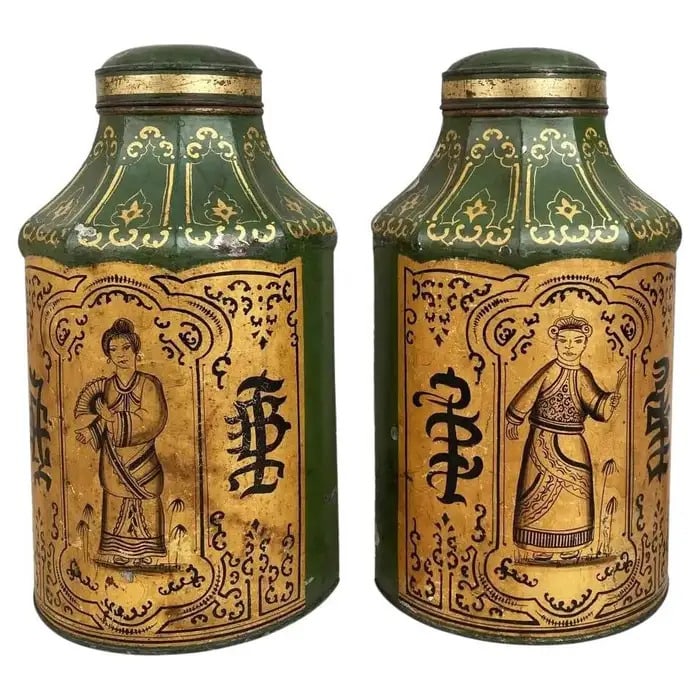PAIR OF ENGLISH TOLE TEA CANISTERS,