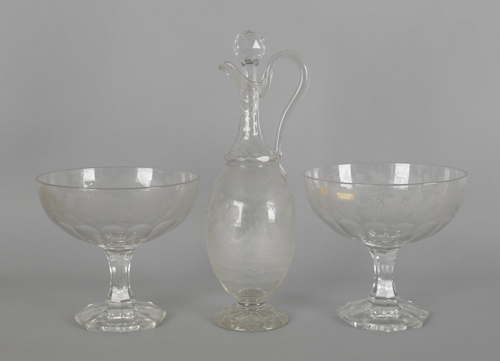 Pair of etched colorless glass