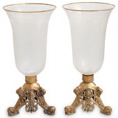 PAIR OF ETCHED GLASS CANDLE HO